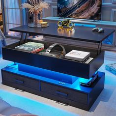 an entertainment center in the middle of a living room with a television and game console