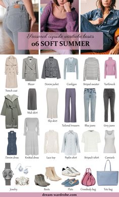 Soft Summer Color Palette and Wardrobe Guide – Dream Wardrobe Summer Cool Light Fashion, Muted Summer Capsule Wardrobe, Summer Clothing Palette, Soft Summer Colour Palette Fashion, Denim For Soft Summer, Outfits For Summer Coloring, Cool Muted Capsule Wardrobe, Summer Soft Color Palette, Outfits For Cool Summer Palette