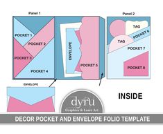 the instructions for how to make an envelope with pocket pockets and envelopes in pink, blue