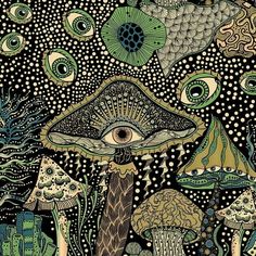 an artistic painting with mushrooms and other things in the background, including eyes on them