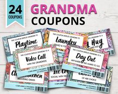 four coupons for grandma's day out are shown with the text grandmas coupons