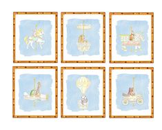 four framed pictures with animals and baby carriages on the sides, all in different colors