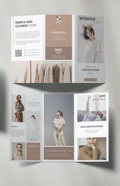 an open brochure with images of women's clothing on the front and back