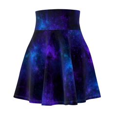 "This space themed skirt is a versatile and playful addition to your wardrobe that effortlessly combines unique style and comfort. The cosmic print adds a touch of the cosmos to any outfit, allowing you to showcase your unique personality. This charming skirt is designed for the free-spirited individuals who embrace their unique fashion sense and aren't afraid to stand out.  The skater silhouette of this skirt is universally flattering, accentuating your waist while providing a flirty and feminine look. Its fitted waistband ensures a comfortable and secure fit, allowing you to move freely and confidently. The skirt falls gracefully to a playful, above-the-knee length, making it perfect for various occasions, from casual outings to semi-formal gatherings. .: 95% Polyester 5% Spandex .: Vers Galaxy Skirt, Galaxy Outfit, Festival Clothes, Comfortable Skirts, Space Print, Teacher Outfits, The Cosmos, Fall Skirts, Free Spirited