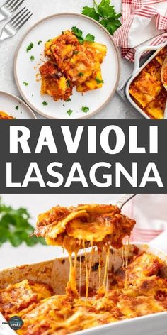 ravioli lasagna in a casserole dish with melted cheese