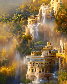 an artistic painting of a waterfall in the middle of a forest with buildings on it