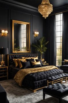 a bedroom with black walls and gold accents