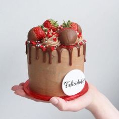 a hand holding a chocolate cake with strawberries on top