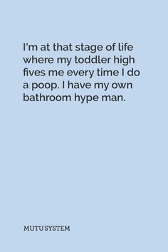 a quote from mutt system that reads i'm at that stage of life where my toddler high fives me every time i do a poop, have my own bathroom hyp