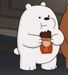 two cartoon bears standing next to each other eating something out of a cupcake in front of them