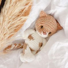 a brown and white cat laying on top of a bed next to a stuffed animal