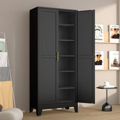 a tall black cabinet in a living room