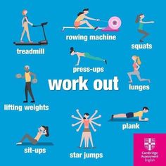 an exercise poster with the words work out and people doing different exercises on it, including rowing