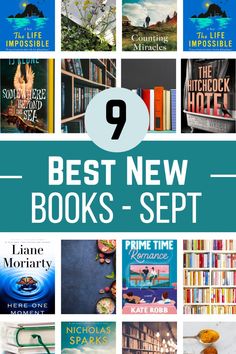 books with the title 9 best new books - set in blue and white, surrounded by images