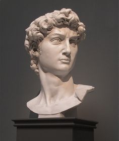 a white marble bust of a man with curly hair