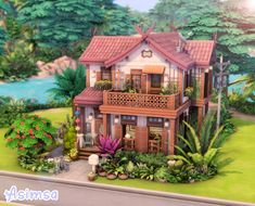 an animated house with lots of plants and trees in front of the house, surrounded by greenery