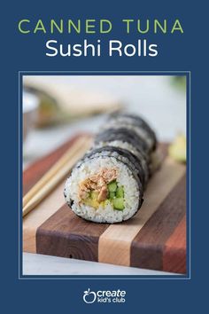 a sushi roll on a cutting board with chopsticks