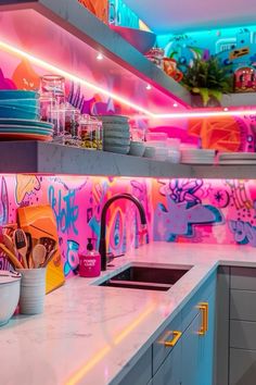 Fun Kitchen Accessories, House Inspo Colorful, Funky Cafe Design, Funky Kitchen Island, Vaporwave Kitchen, Christmas Color Ideas, Cool House Decor, Neon Maximalist, New Apartment Ideas