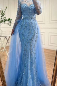 Luxury Long Sleeves Sky Blue Beadings Long Evening Gown with Tulle Sweep Train Blue Princess Gown For Prom Season, Embellished Blue Ball Gown For Prom, Blue Embellished Ball Gown For Prom Season, Blue Embellished Ball Gown For Prom, Princess Style Blue Floor-length Evening Dress, Blue Tulle Gown With Sequins, Blue Sequined Tulle Gown, Blue Ball Gown For Prom Season Pageants, Embellished Blue Tulle Gown