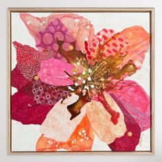 an abstract painting with pink and orange flowers on white paper, framed in wood frame