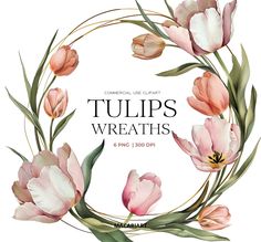 watercolor tulips wreath with leaves and flowers