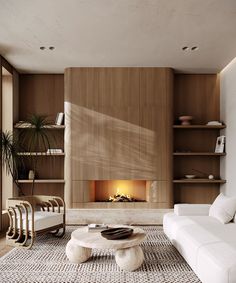 a living room with a fire place in the center and shelves on either side of the wall