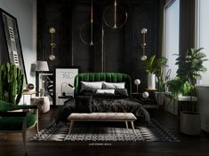 a bedroom decorated in black and white with lots of greenery on the walls, along with a green velvet bed