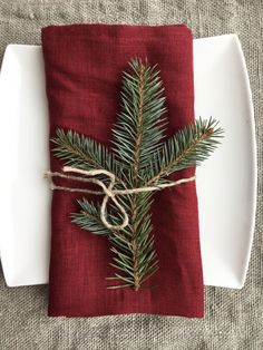 a napkin tied with twine on top of a white plate next to a pine tree