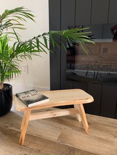 a table with a book on it next to a potted plant