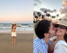 a man and woman kissing on the beach at sunset with palm trees in the background