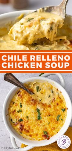 chicken soup in a white bowl with a spoon on the side and an orange sign that says chile relleno chicken soup