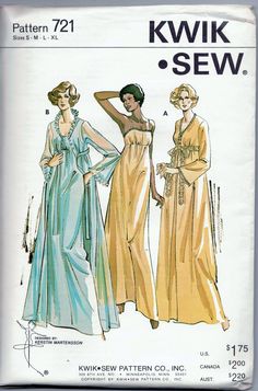 Full length nightgown and peignoir has empire waist and gathering on front bodice for bust.  View A nightgown has lace trim at front bodice, elastic at the empire waist and shoulder straps.  View A peignoir has double front bodice and skirt; lace trim at neckline and at bottom edge of sleeves; loop button closing and lace-tie at the empire waist.           View B sleeveless tricot nightgown has a scooped neckline; bodice with overlay of sheer; elastic at the empire waist.  View B peignoir is from double sheer fabric except sleeves which are single.  Bodice has a loop button closing, self-fabric ruffle at neckline and a tie belt. ENVELOPE IS FACTORY SEALED Nightgown Pattern, Kwik Sew Patterns, 1970s Sewing Patterns, Lingerie Patterns, Lingerie Vintage, Peignoir Sets, Kwik Sew, Vintage Nightgown, Nightgowns For Women