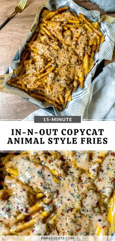 The above photo is of In-N-Out animal style fries served in an oven safe pan. Next to the pan is a fork. The bottom photo is a close up of the fries. Picnic Dishes For A Crowd, Burger Fries And Milkshake, Fries And Milkshake, Animal Style Fries Recipe, Herbal Lifestyle, Loaded Fries Recipe, Animal Style Fries