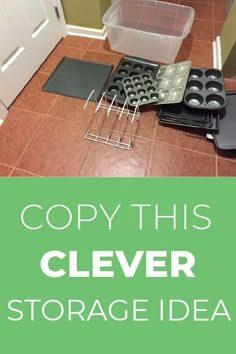 the kitchen floor is covered in clutter and plastic trays that are stacked on top of each other