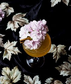 a glass filled with liquid and flowers on a black table cloth covered in maple leaves