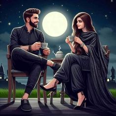 a man and woman sitting at a table in front of a full moon with cups of coffee