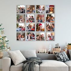 a living room filled with furniture and pictures on the wall next to a christmas tree