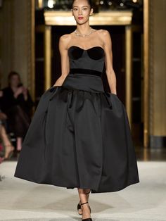 Demi Cup Drop Waist Tea Length Dress | Christian Siriano Black Tea Length Dress, Drop Waist Skirt, Velvet Belt, Fall 2023 Ready To Wear, Tea Length Dress, 2023 Ready To Wear Collection, Demi Cup, 2023 Ready To Wear, Christian Siriano