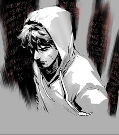 a drawing of a person with a hoodie over his head and writing on the wall behind him