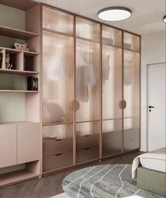 a bedroom with pink closets and shelves in it