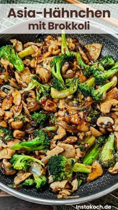 broccoli and chicken stir fry in a wok