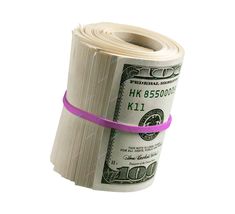 a roll of one hundred dollar bills tied with a pink ribbon