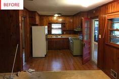 an empty kitchen with wood paneling and tile flooring in the process of remodeling