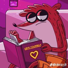 a cartoon character is reading a book on the bed with his eyes closed and tongue out