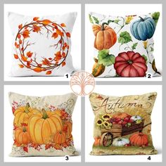 four pillows with pumpkins on them and the words autumn written in different font styles