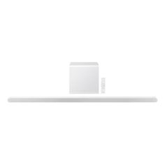 the soundbar is white and has two speakers on it, one with an ipod dock