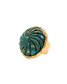 Hand-Carved Turquoise 1 1/8″ diameter 22k gold plate Comfortable Adjustable fit Handcrafted in our TX studio Note from the designer: Currently building my Fall wardrobe around this ring - it's as big and blue as the Texas sky. Artisan Craft, Wedding Wear, 22k Gold, Adjustable Ring, Fall Wardrobe, Adjustable Rings, Ring Necklace, Anklets, Necklaces Bracelets