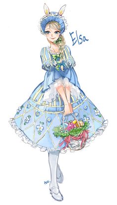 a drawing of a woman in a blue dress and hat with flowers on her head