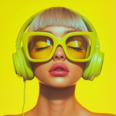 a woman wearing headphones and yellow glasses with her eyes closed to the side, in front of a yellow background