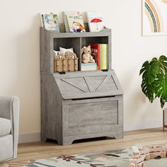 a gray bookcase with books and toys in it